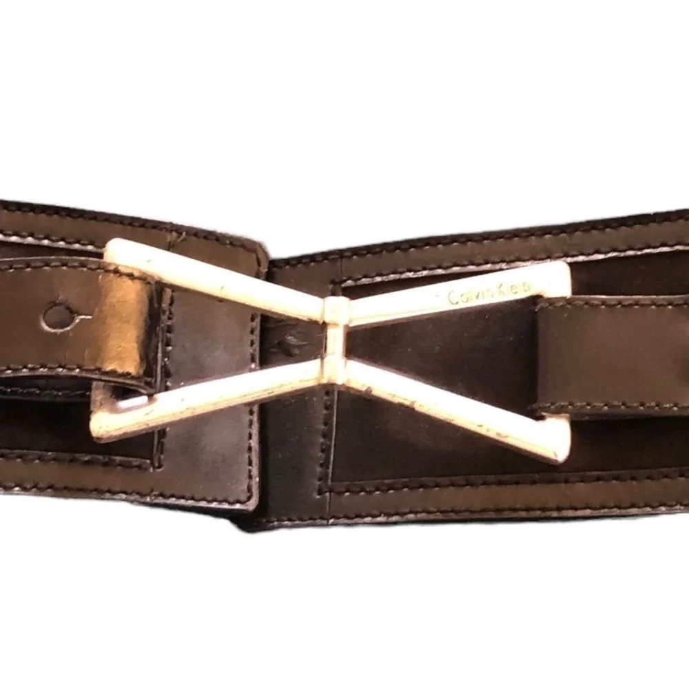 Calvin Klein Wide Leather/Suede Belt Black Silver Logo Medallion 2.75”W Sz. XL
